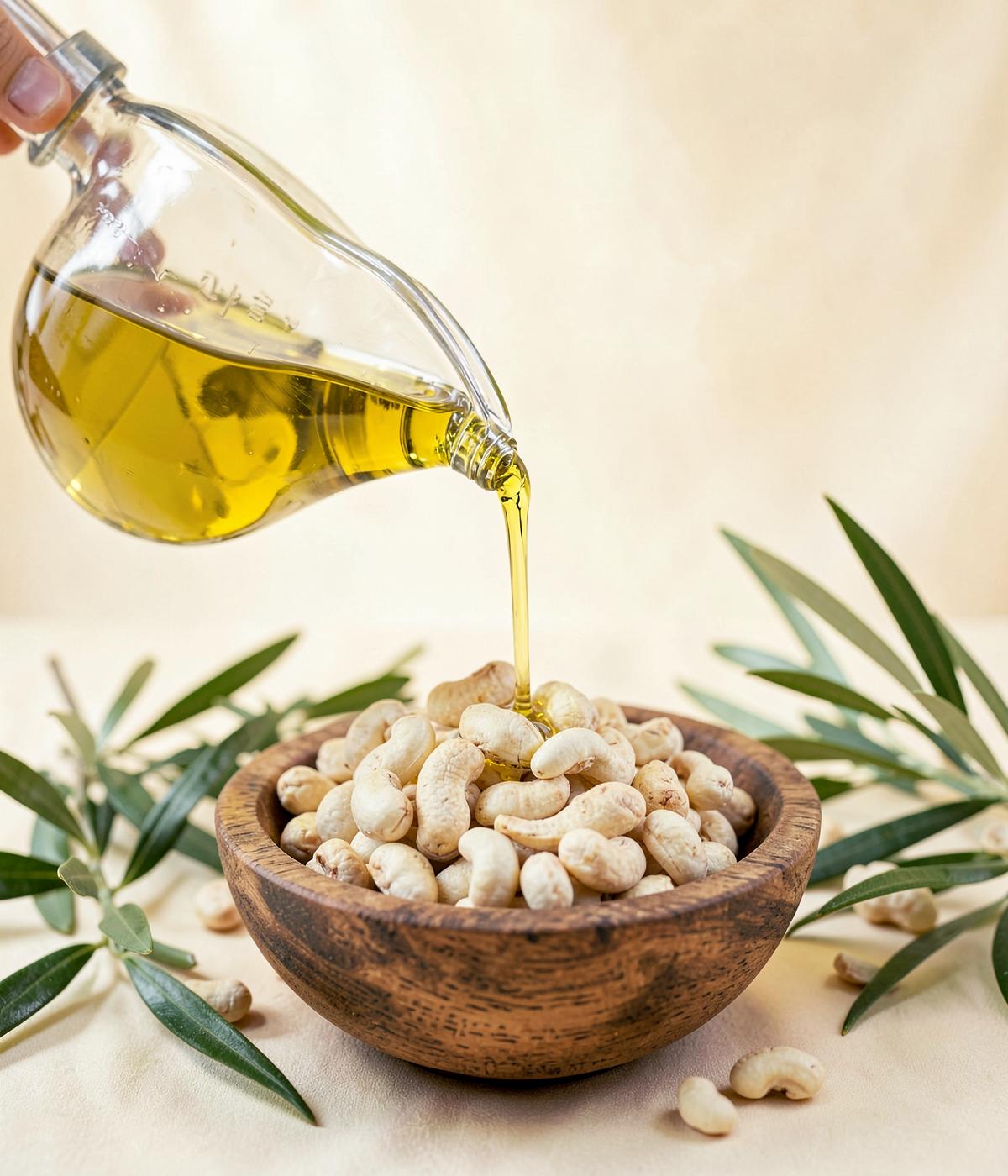 Olive oil poured over roasted makhana in a wooden bowl
